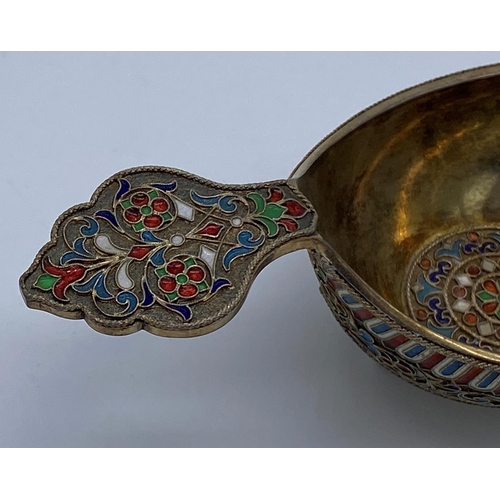 120 - Antique 19th century imperial russian solid silver and cloisonne enamel kovsh, the bowl with a wide ... 