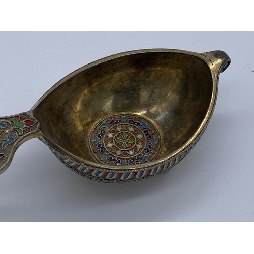 120 - Antique 19th century imperial russian solid silver and cloisonne enamel kovsh, the bowl with a wide ... 