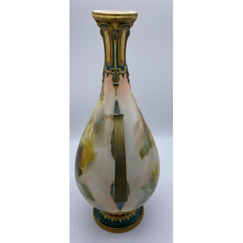 122 - Hadleys royal worcester mantel vase handled body with stunning decoration and painted yellow roses