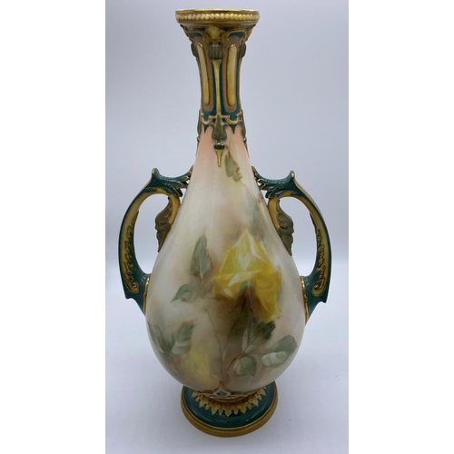 122 - Hadleys royal worcester mantel vase handled body with stunning decoration and painted yellow roses