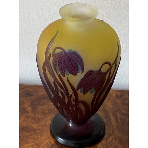 142 - Emile Galle cutback cameo glass vase. A dramatic galle cameo glass fritillary design with leaves and... 