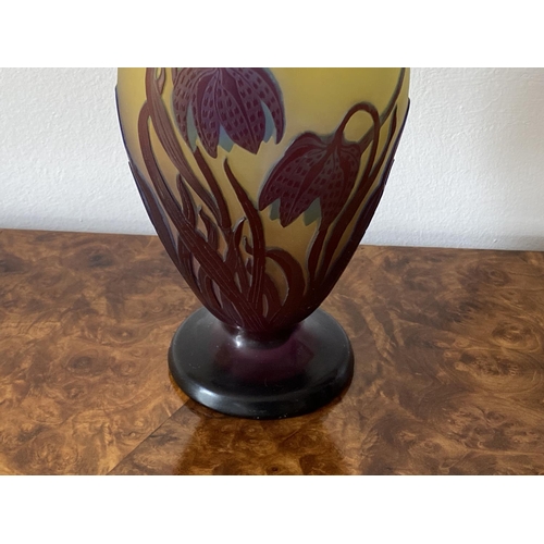 142 - Emile Galle cutback cameo glass vase. A dramatic galle cameo glass fritillary design with leaves and... 