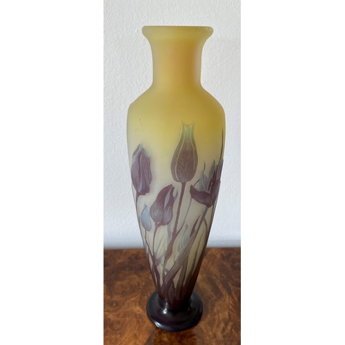 144 - Emile galle french cameo art vase signed galle into amethyst cameo. Tulip design circa 1900