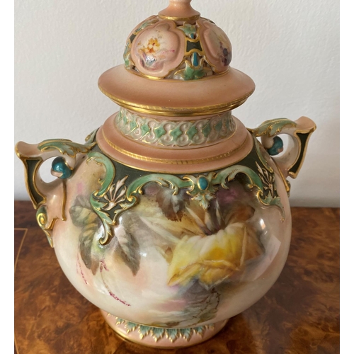 165 - Hadleys worcester rose painted pot pourri shape 218 and has the factory stamp for 1900-1902 and is i... 