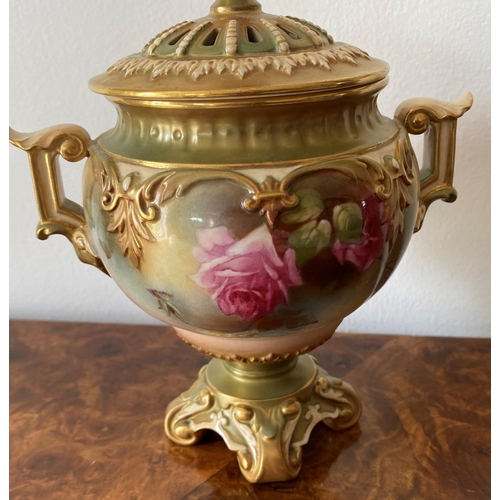 166 - Royal worcester pot pourri vase and cover decorated with roses signed m lander fully factory marked ... 