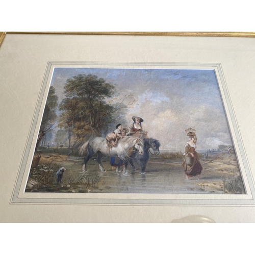 198 - Women and children crossing ford. Watercolour in fine antique gold leaf swept  frame exquisite detai... 