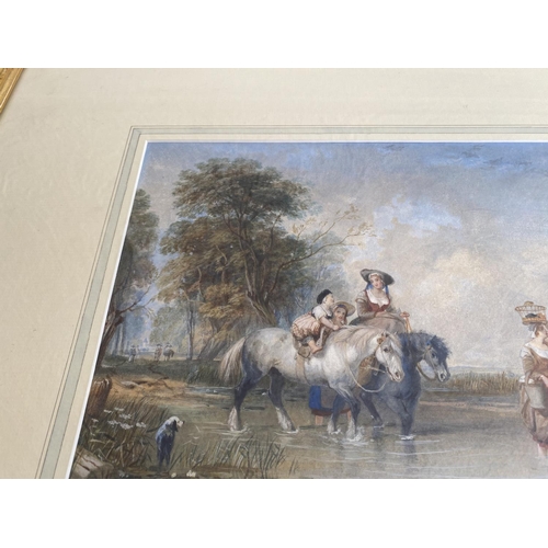 198 - Women and children crossing ford. Watercolour in fine antique gold leaf swept  frame exquisite detai... 