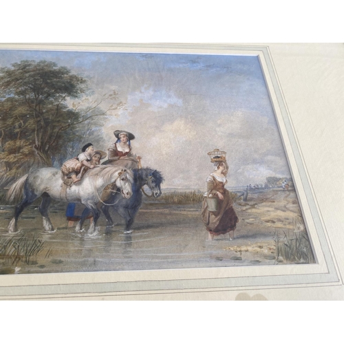 198 - Women and children crossing ford. Watercolour in fine antique gold leaf swept  frame exquisite detai... 