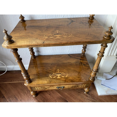 217 - Victorian walnut coffee table having satinwood inlay to figured walnut top, ( mirrored in 2nd tiers)... 