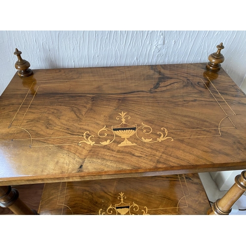 217 - Victorian walnut coffee table having satinwood inlay to figured walnut top, ( mirrored in 2nd tiers)... 