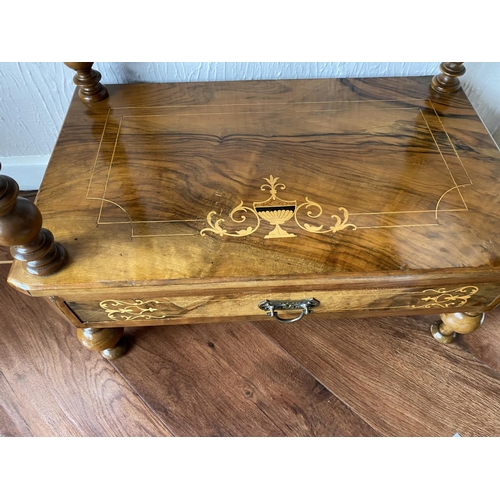 217 - Victorian walnut coffee table having satinwood inlay to figured walnut top, ( mirrored in 2nd tiers)... 