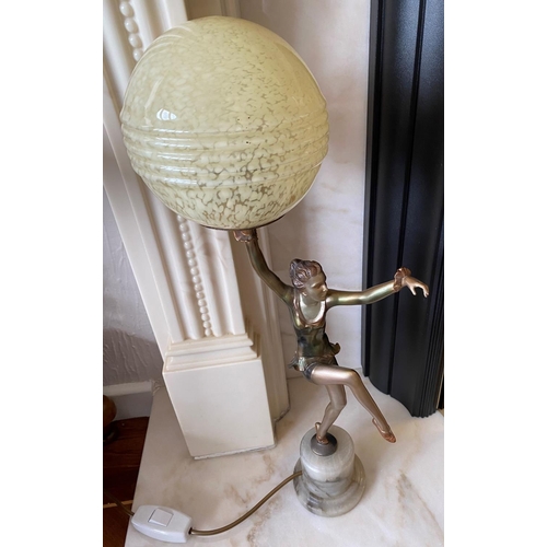 221 - Fine art deco cold painted spelter lady lamp with glass globe shade circa 1930 56cm tall