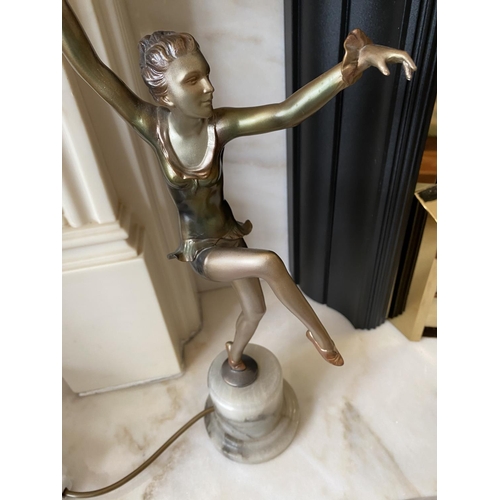 221 - Fine art deco cold painted spelter lady lamp with glass globe shade circa 1930 56cm tall