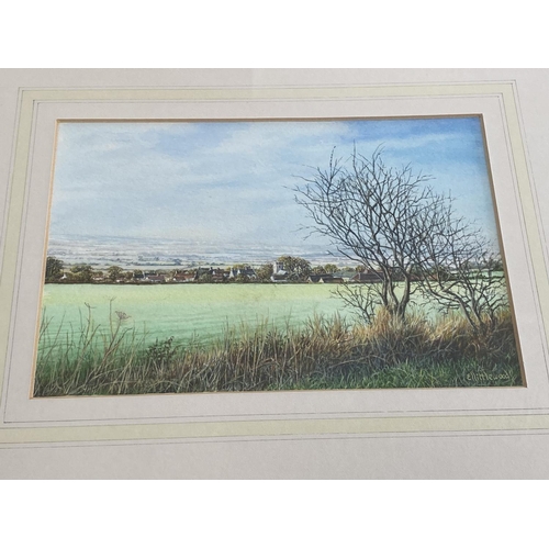 247 - framed water colour by E littlewood looking across the fields to the villagr 21