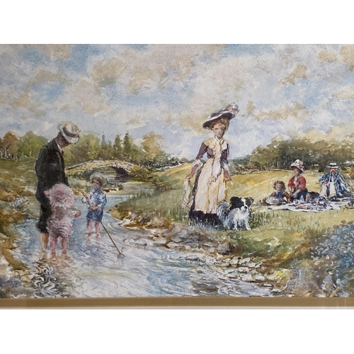 250 - Watercolour of a family having a picnic with children by the steam