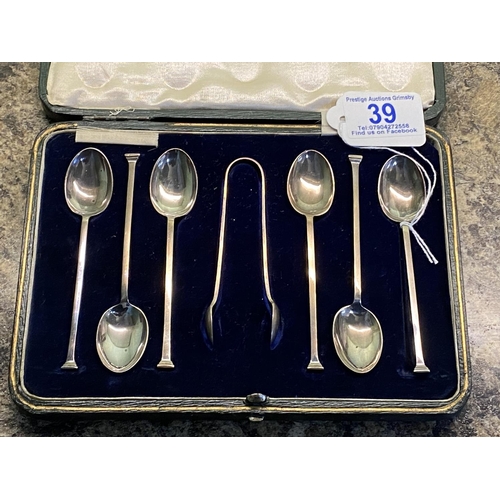 39 - sterling silver tea spoon set with sugar tongs in original case