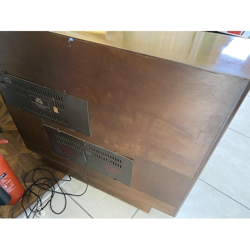 69 - Mid century radiogram with record storage, drop down front, garrard deck. Measures approx 39