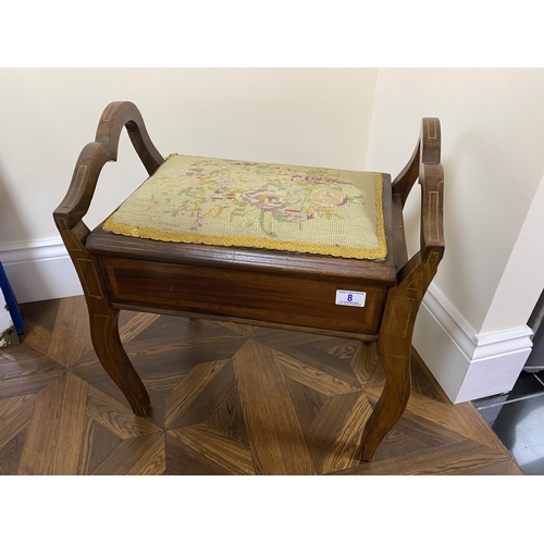 8 - Edwardian piano stool with inlay measures approx 21.5