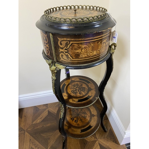 9 - French antique table possibly for sewing which is heavily inlayed allm over and has brass decoration... 