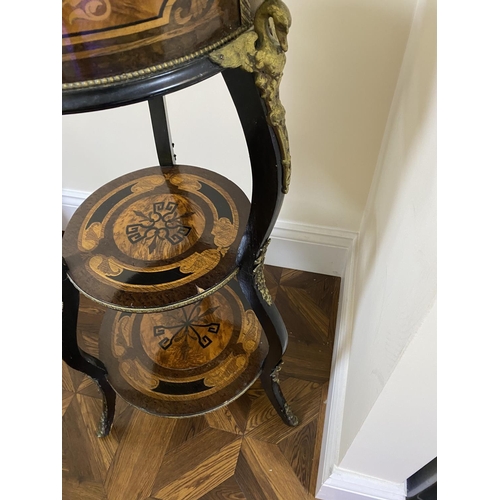 9 - French antique table possibly for sewing which is heavily inlayed allm over and has brass decoration... 