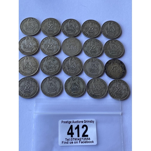 412 - 20 ASST PRE 1947 SILVER SHILLINGS SOME GOOD GRADES