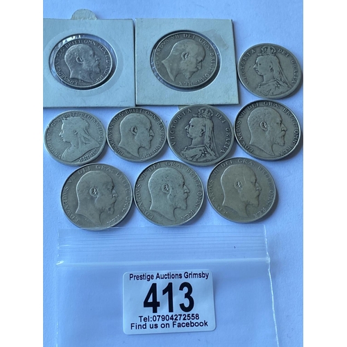 413 - 10 ASST STERLING SILVER PRE 1920 ENGLISH COINS SOME COLLECTABLE GRADES