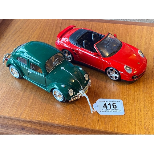 416 - 2 x diecast cars 1/24 scale. VW beetle and a motomax porsche