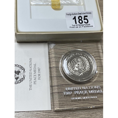 185 - UNITED NATIONS STERLING SILVER PROOF MEDAL IN A PRESENTATION BOX 1987 MINT CONDITION