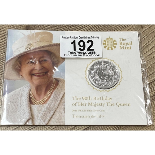 192 - ROYAL MINT QUEENS 90TH BIRTHDAY FINE SILVER Â£20 COIN