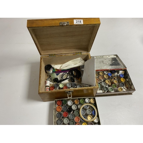 218 - BOX OF PAINTS & AIR BRUSH ETC