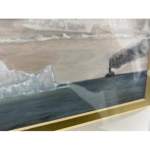 132 - FRAMED WATERCOLOUR SS SAGAMORE JUNE 26TH 1911 TORPEDOED 1917 BY SUBMARINE V49 52 LIVES LOST ARTIST W... 