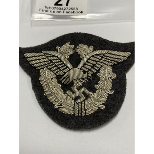 27 - GERMAN LUFTWAFFE PATCH POSSIBLY SILVER THREAD