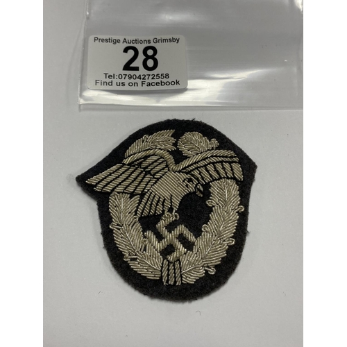 28 - GERMAN LUFTWAFFE PATCH POSSIBLY SILVER THREAD