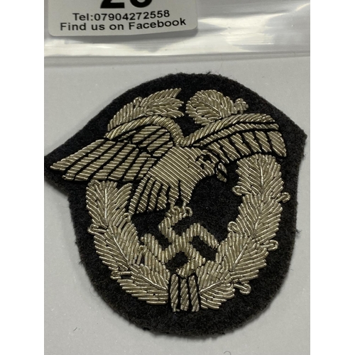 28 - GERMAN LUFTWAFFE PATCH POSSIBLY SILVER THREAD