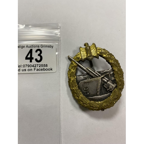 43 - WW2 GERMAN COASTAL ARTILLARY BADGE WITH SCHWERIN BERLIN ON BACK