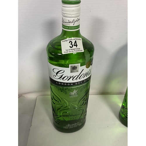 34 - GORDONS DRY GIN 37.5% 1 LITRE