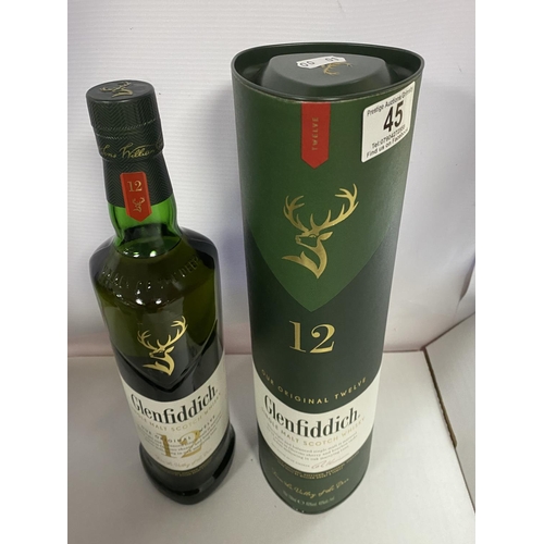 45 - 12 YEAR OLD GLENFIDDICH SINGLE MALT WHISKEY 40% 70CL