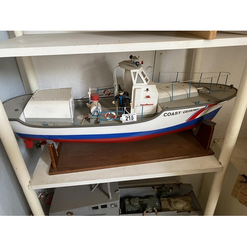 216 - MOTORISED WOODEN COASTGUARD BOAT LENGTH 72CM WIDTH 19CM