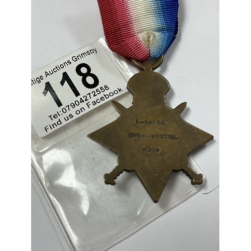 118 - WORLD WAR 1 STAR MEDAL TO L-26394 DVR WESTON R.F.A