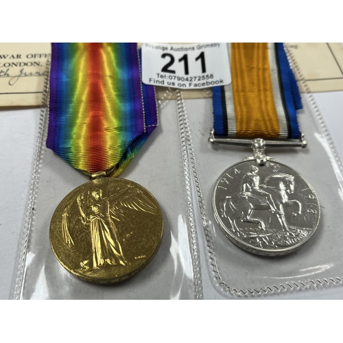 211 - 2 1ST WORLD WAR MEDALS NAMED TO 115804 GNR F.F EASON R.A