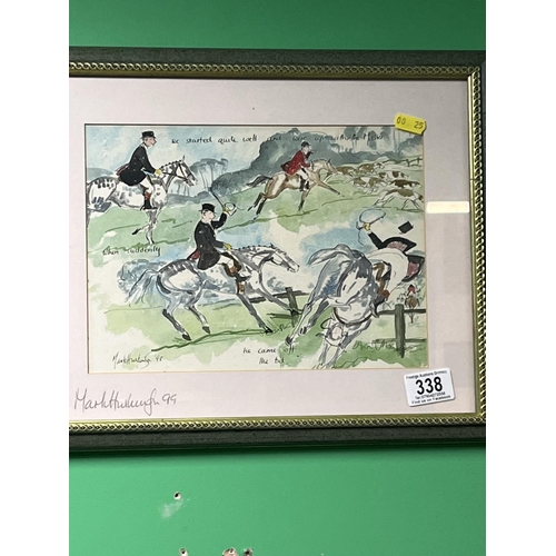 338 - A PAIR OF WATERCOLOUR PRINTS DEPICTING HUNTING BY MARK HUSKINSON THESE PRINTS MEASURE 15.5