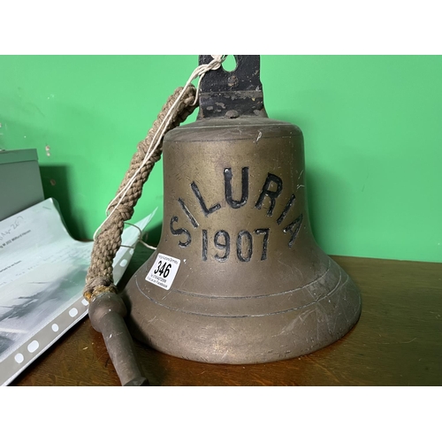 346 - AN ORIGINAL BRASS SHIPS BELL FROM GRIMSBY STEAM TRAWLER, NAME IS SILURIA, SHIPS NUMBER GY801, BUILT ... 