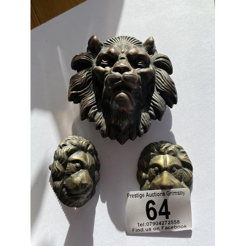 64 - 3 VINTAGE LION HEAD BADGES