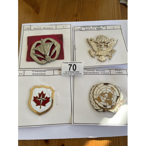 70 - 4 BADGES, DUTCH MARINES, USA ARMY, CANADIAN AIR BOURNE & UNITED NATIONS PEACE KEEPING FORCES