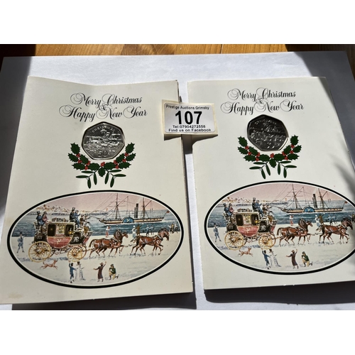 107 - 2 X POBJOY MINT 50P COIN CHRISTMAS CARDS 1980