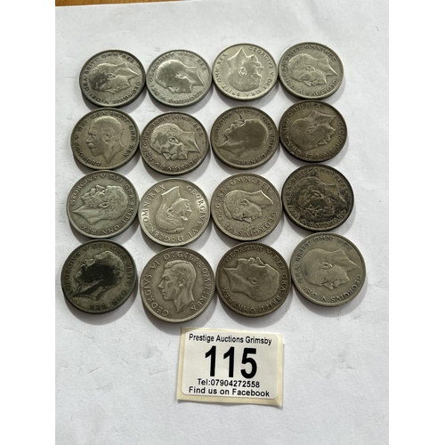 115 - 16 X PRE 1947 HALF CROWNS IN VARYING CONDITIONS 222 GRAMS