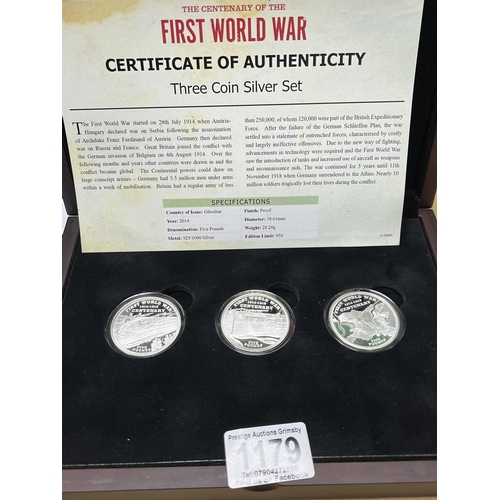 1179 - 1ST WORLD WAR SILVER COIN SET 3 X £5 COINS 3 X 28G