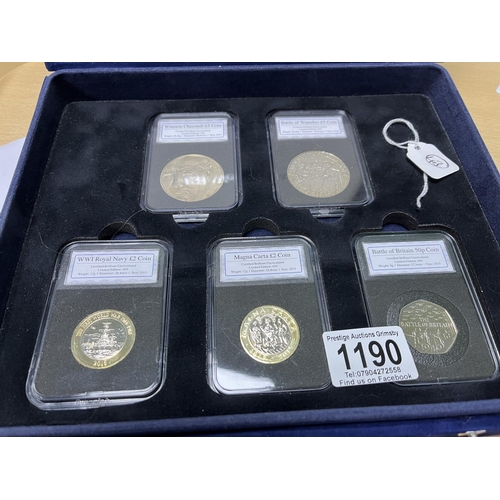 1190 - BRILLIANT UNCIRCULATED COINS WINSTON CHURCHILL £5 BATTLE OF WATERLOO £5 ROYAL NAVY £2 MAGNA CARTAGEN... 