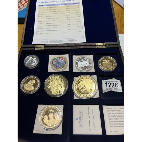 1228 - ASSORTED CASED COLLECTABLE COINS IN A WOODEN CASE