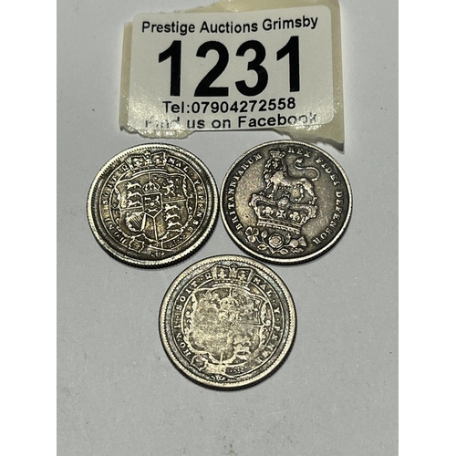 1231 - 3 X SILVER SHILLINGS 1826, 1816, 1816